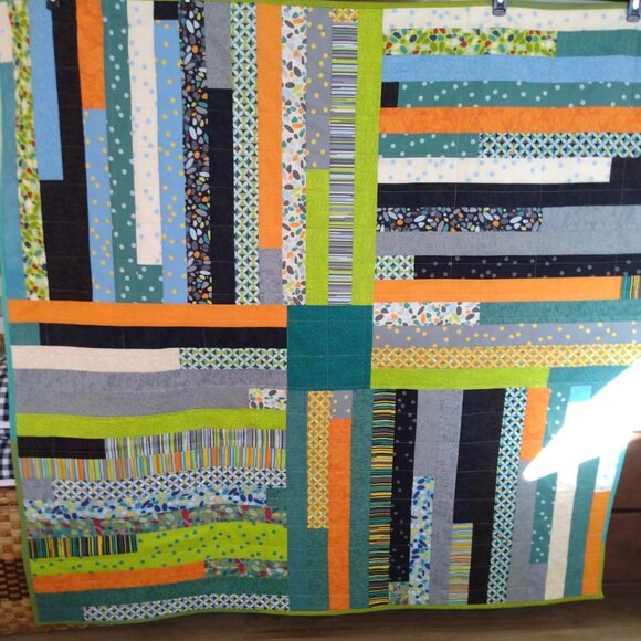 BN HANDMADE JELLY ROLL QUILT AQUA, GREY, BLACK, YELLOW, ORANGE, GREEN BLUE - Picture 2 of 6